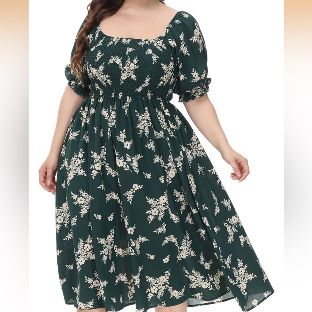 Plus Size Puff Short Sleeve Green Floral Wedding Guest Dress 2X